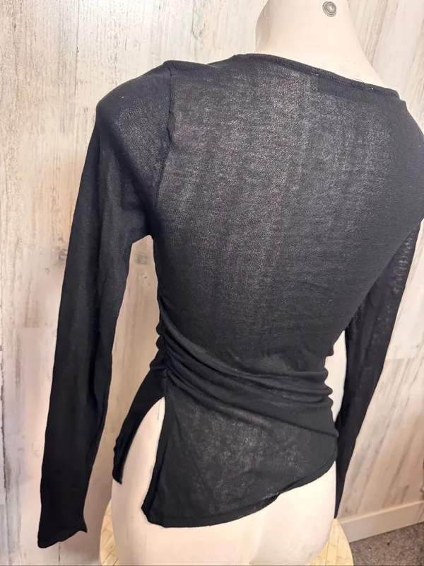 ZARA Asymmetric Cutout Ruched Long Sleeve Top Womens S Black Shimmer Sheer - Image 5