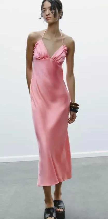 Zara Maxi dress Pink Satin ruffle bodycon party wedding summer evening - Image 6