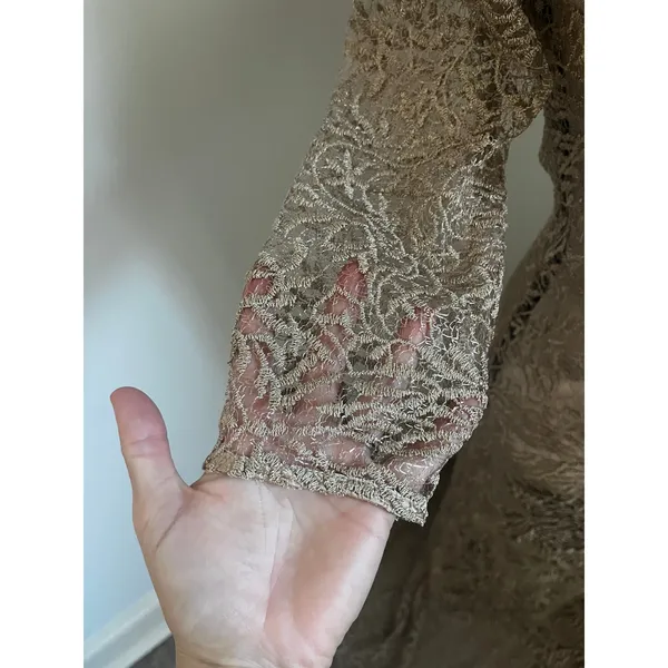 Teri Jon Gold Lace Beaded Neck Mermaid Gown Size 8 Vintage Designer Sheer Dress - Image 5