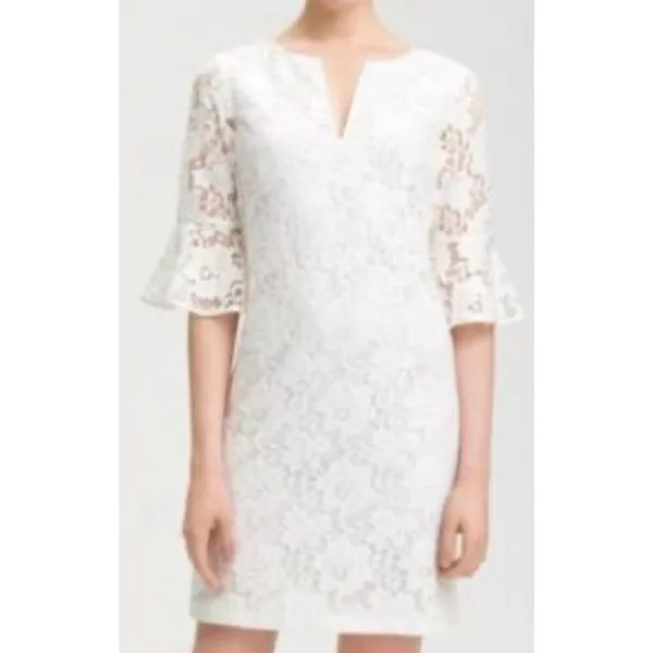 Adrianna Papell white lace notch neck bell sleeve dress - Image 2