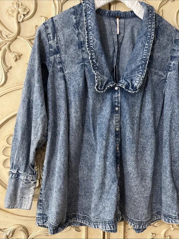 Free People Ruffle Collar Denim Swing Blouse - Lightest Indigo Blue SZ Amall - Image 8