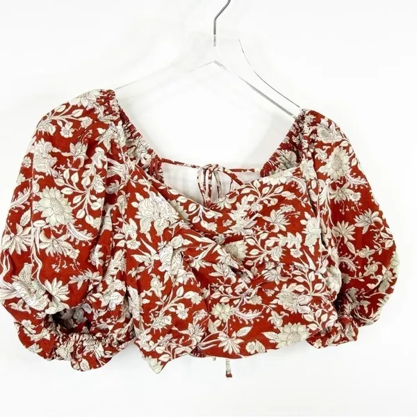 Free People Sunday Floral Linen Blend Puff Sleeve Crop Top Women's Size‎ S Boho - Image 4