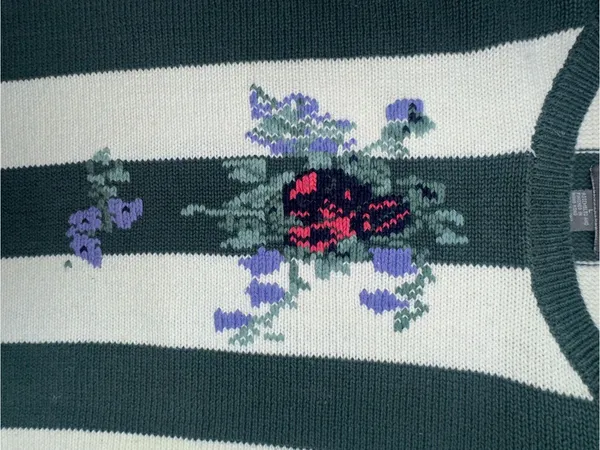 Vintage 90s Paris Sport Club Floral Striped Knit Sweater L Cottagecore Grandma - Image 6