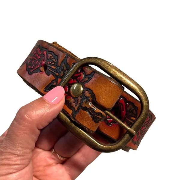 BeltStop‎ Tooled Leather Rose Belt Women 34/36 Tan Western Boho Floral Handcraft - Image 2