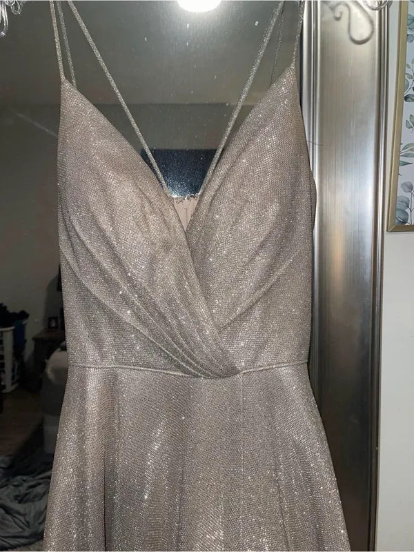 Sherri Hill Champagne Sparkle Plunging A-Line Gown - Image 5