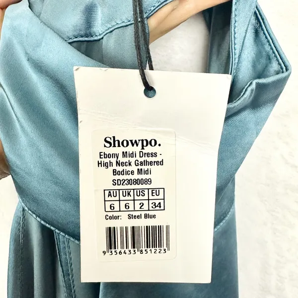 Showpo Ebony Midi Dress Size 2 NWT High Neck Gathered Bodice Steel Blue - Image 7