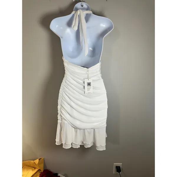 MIYIEONE Women White Ruched Halter Neck Mini Bodycon Dress Ruffle Hem Size S - Image 5