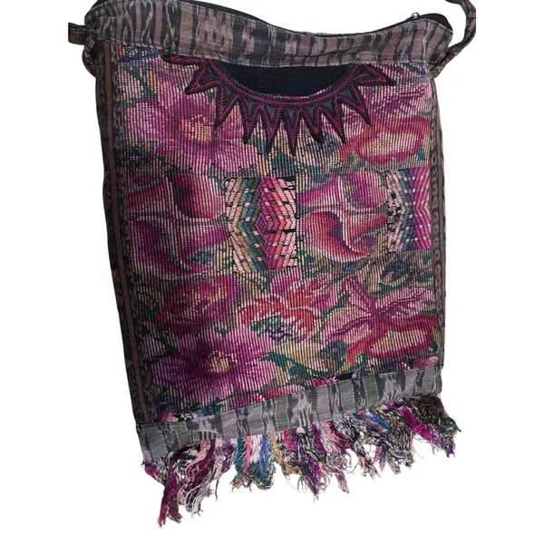 Tapestry Boho Woven Shoulder Bag Floral Fringe Multicolor - Image 3
