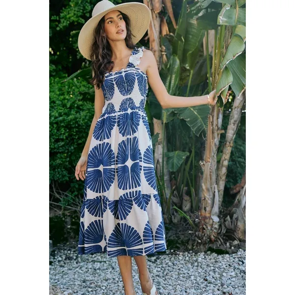 SO ME Abstract Print Smocked Bodice Tiered Lined Midi Dress - Navy - Large - Image 14