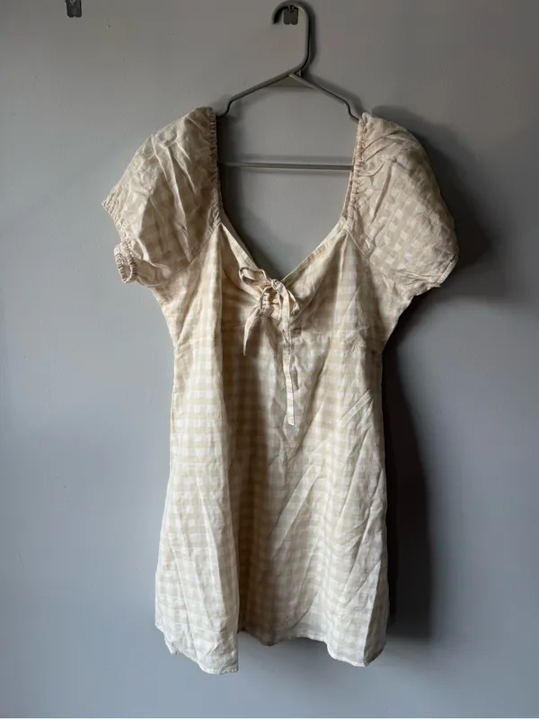 Lulus Love Sweetly Beige Gingham Puff Sleeve Mini Dress Checkered Beige White XL - Image 4