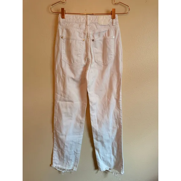 Zara Jeans Women Size‎ 0 White Straight Leg Raw Hem High Waisted Denim Pants - Image 5