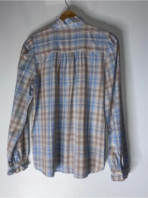 Loft Plaid‎ Ruffle Collar Button Down Blue Brown White Plaid Small - Image 2