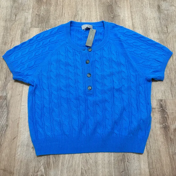 J. Crew | NWT Women's Cashmere Blue Cable Knit Short Sleeve Henley Sweater, M - Image 2