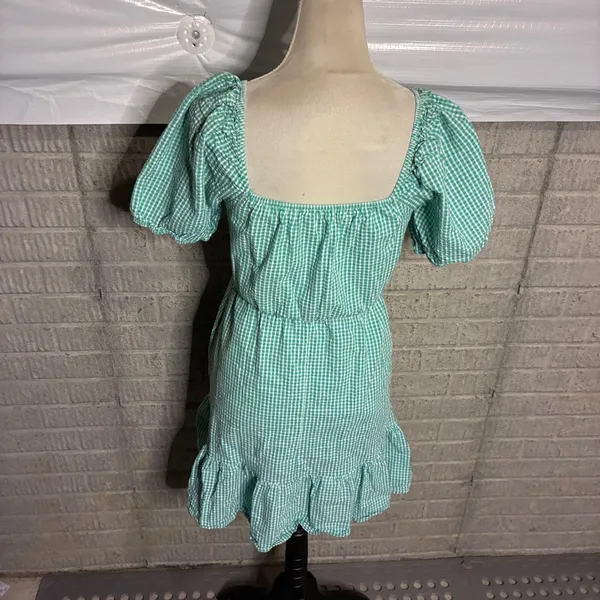 Draper James RSVP Green Gingham Puff Sleeve Faux Wrap Mini Dress XS - Image 3