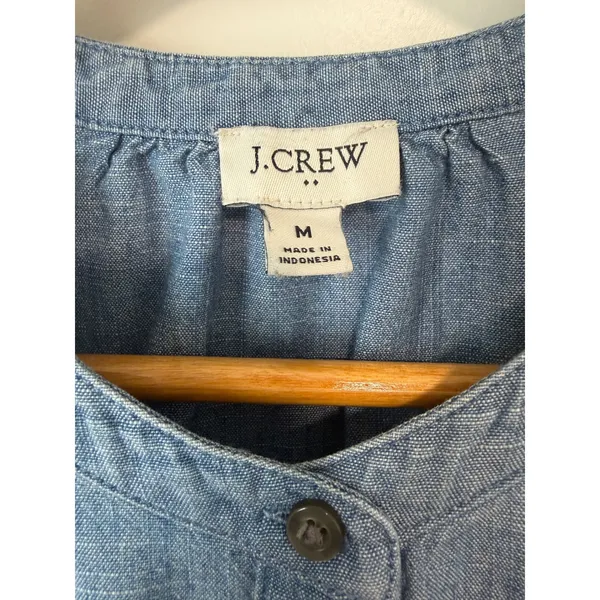 J.Crew Re-Imagined Blue Chambray Ruffle Trim Puff Sleeve Button Top Medium - Image 5