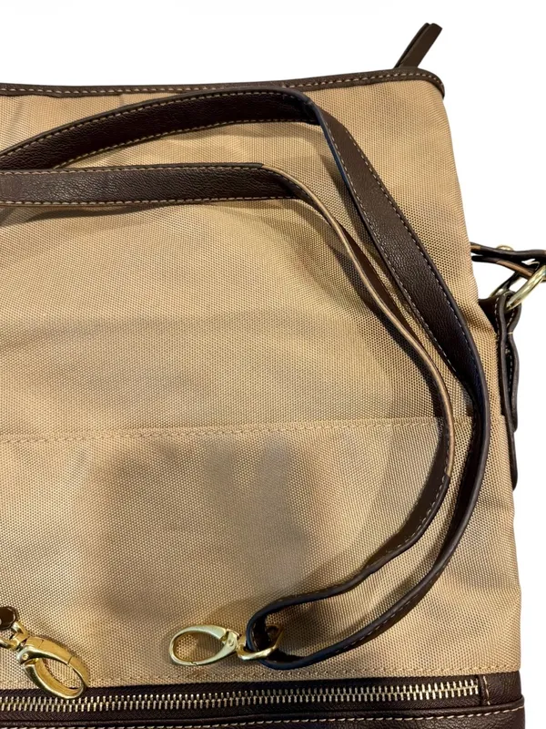 Vintage Franco Sarto Canvas Leather Fold Over Shoulder Bag in Beige/Dark Brown - Image 9