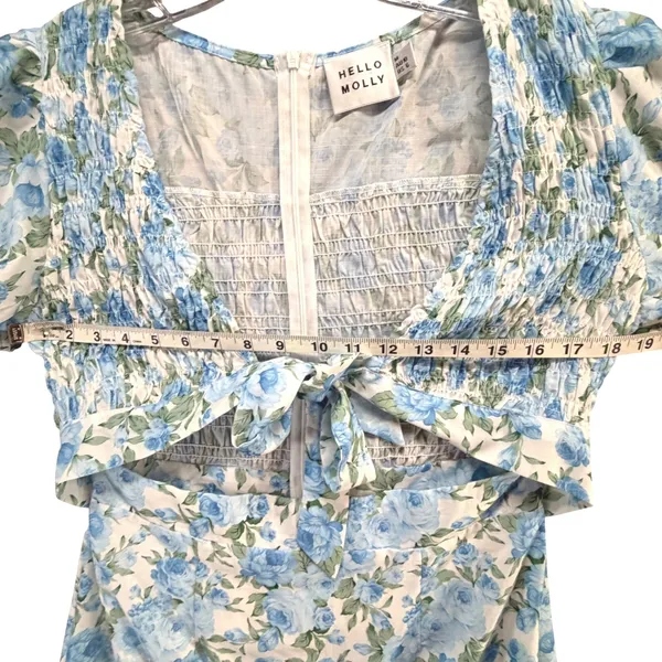 Hello Molly Picnic Loving Mini Dress Women M Blue Floral Smocked Cutout Coquette - Image 8
