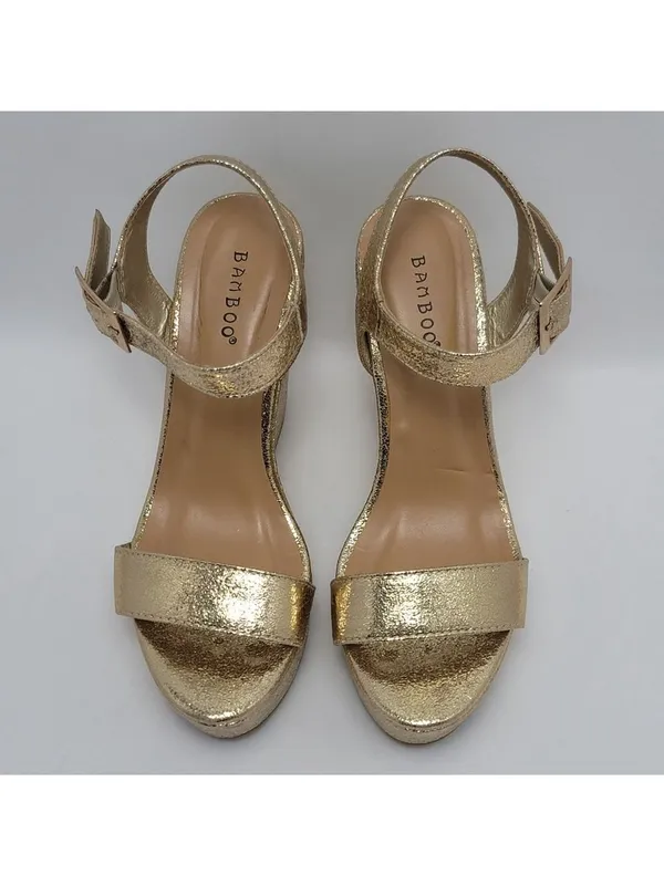 Bamboo Platform High Wedge Heels Ankle Strap Round Toe Metallic Gold Sandal Sz 8 - Image 4