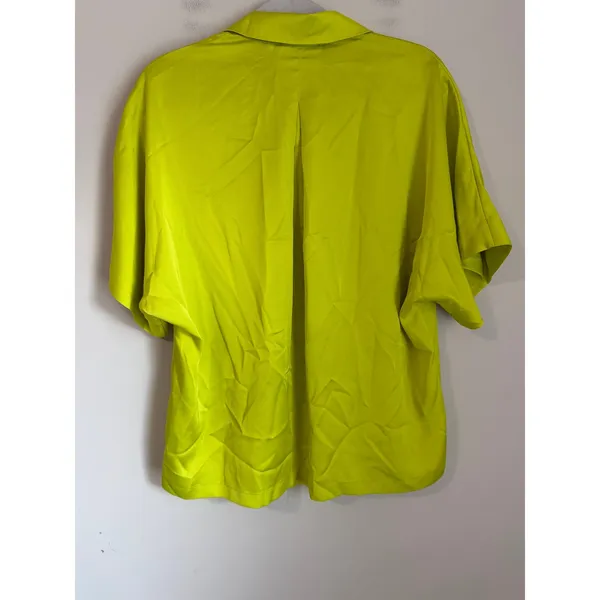 Essentiel Antwerp Button Down Shirt Women M Lime Green Satin Boxy Blouse - Image 4