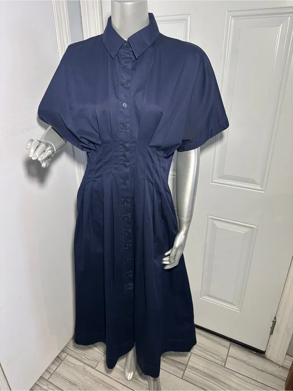 Quince Stretch Cotton Poplin Pleated Midi Shirt Dress Deep Navy Womens Size S - Image 7