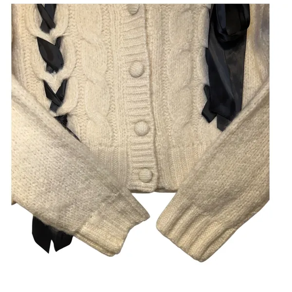 All In Favor Cable Knit Ribbon Cardigan Beige Black Lace Up XS LT21358-001 - Image 5