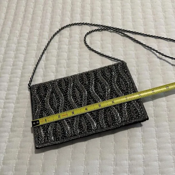 Women’s Black & Clear Beaded Bead Thin Shoulder Bag Evening Purse - Image 3