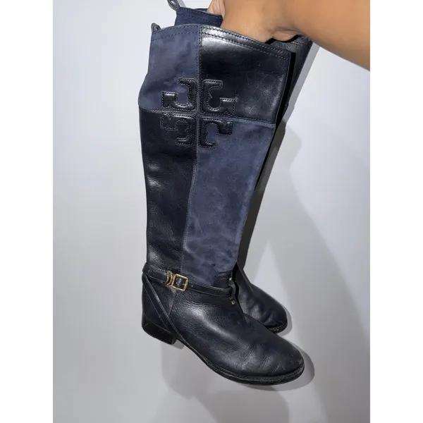 Tory Burch Lizzie Women's 7.5 Leather Knee High Riding Boot Zip Buckle Blue READ - Image 4