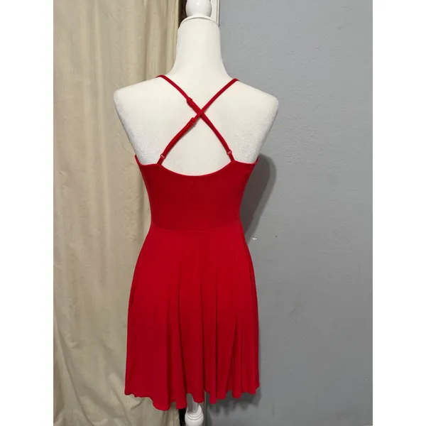 Forever 21 Red Skater Dress Small V-Neck Crisscross Back Mini Small Y2K Romantic - Image 14