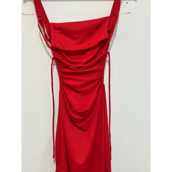 Shareen Collections Australia Red Ribbed Ruched Open Back Midi Dress Size US 2 - Image 5