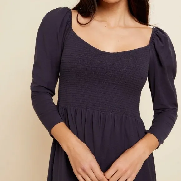 Nation LTD Noel Babydoll Dress XS Navy Pima Cotton Smocked Tiered Mini‎ - Image 5