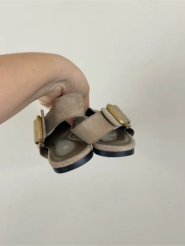 Zara‎ Suede Pointed Toe Slingback Flats in Beige with Gold Buckle Size 38/7 - Image 10