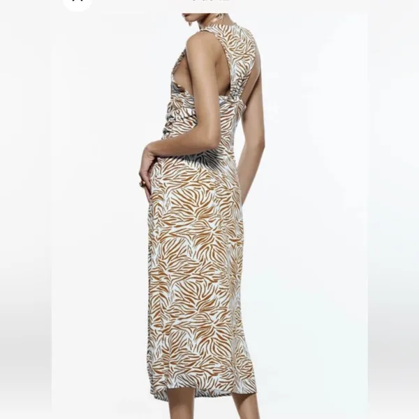 Zara White and Tan Zebra-Print Midi Dress with Side Slit - Image 6