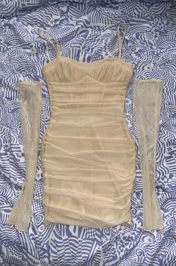 Dukine Ruched Mini Dress Cream - Image 4