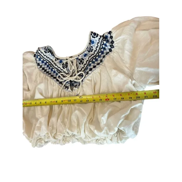Free People Joni Top Boho Embroidered Puff Sleeve Cropped White Blue Women Small - Image 8