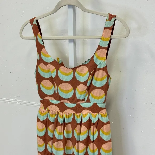 Judith March Brown Geometric Crescent Print Linen Blend Cutout Tie Back Dress S - Image 5