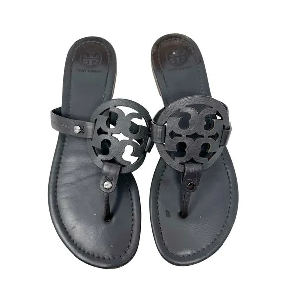 TORY BURCH Gray Grey Leather Miller Classic Designer Logo Sandals Flip Flop Sz 9 - Image 3