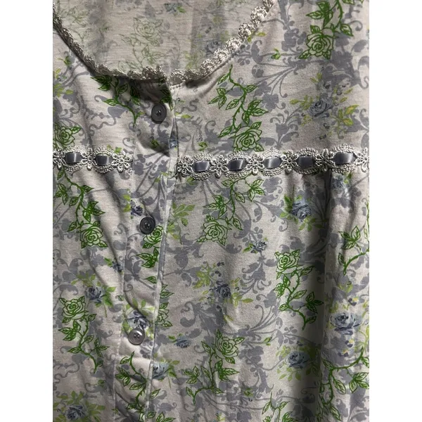 Vera Wang Womens Floral Button Front Nightgown Top Lace Trim Blue Green Rose Print - Image 3