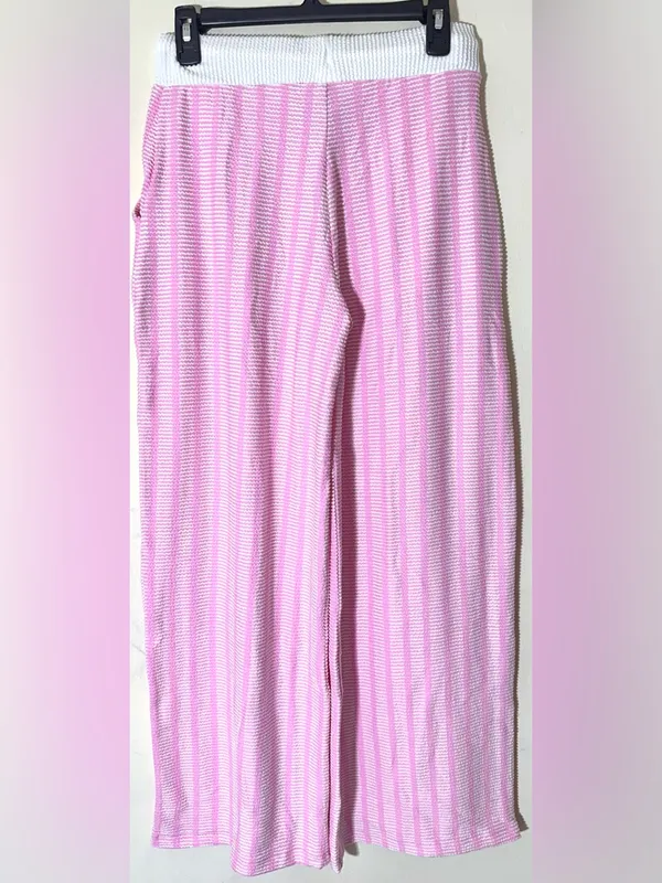 Zenana Raised Rib Striped Pullover & Wide Leg Pants Set Womens Lt Pink Sz Medium - Image 6