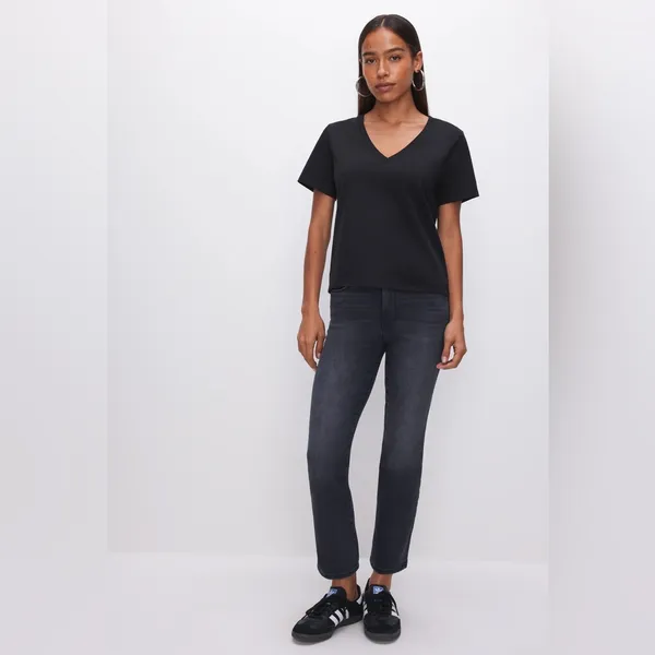 Good American black vneck‎ cotton tshirt 4 way stretch quick dry compression NWT - Image 3
