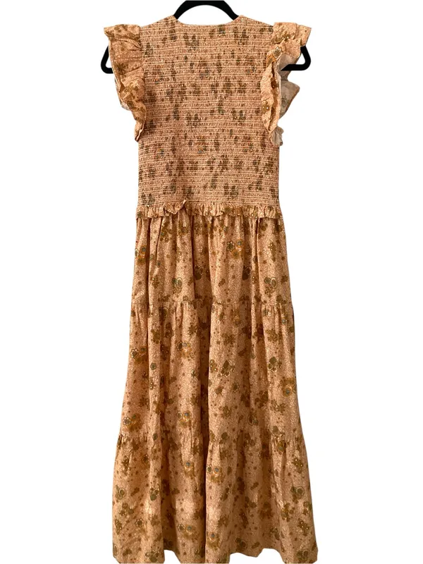 Elan Smocked Ruffle Maxi Dress cottagecore hippie Tan Floral - Image 3