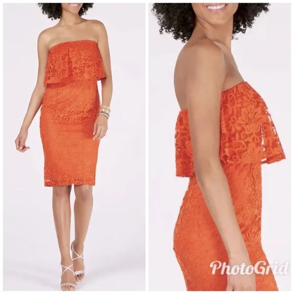 THALIA SODI Strapless Lace Cocktail Dress Medium Orange Midi Cocktail‎ Party New - Image 2
