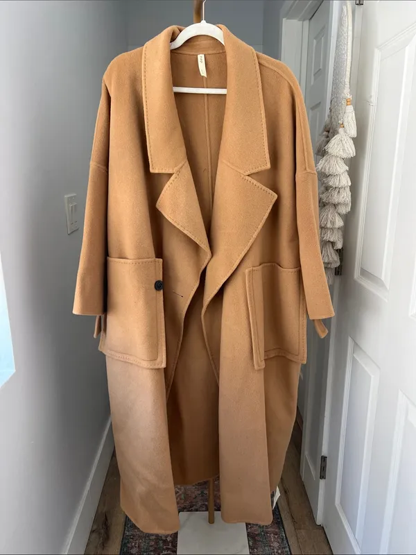 NWT Nap Loungewear Londyn Shawl Camel Tan 100% Merino Wool Oversized Long Coat S - Image 3