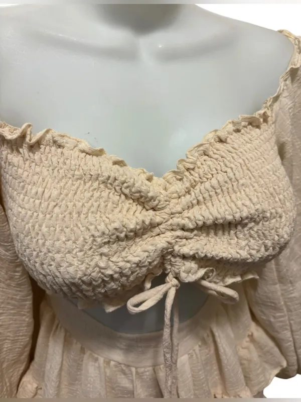 Windsor Milkmaid Smocked Ivory Ruffled Mini Dress S Ruched Top Tier Skirt Balloon Sleeve - Image 3