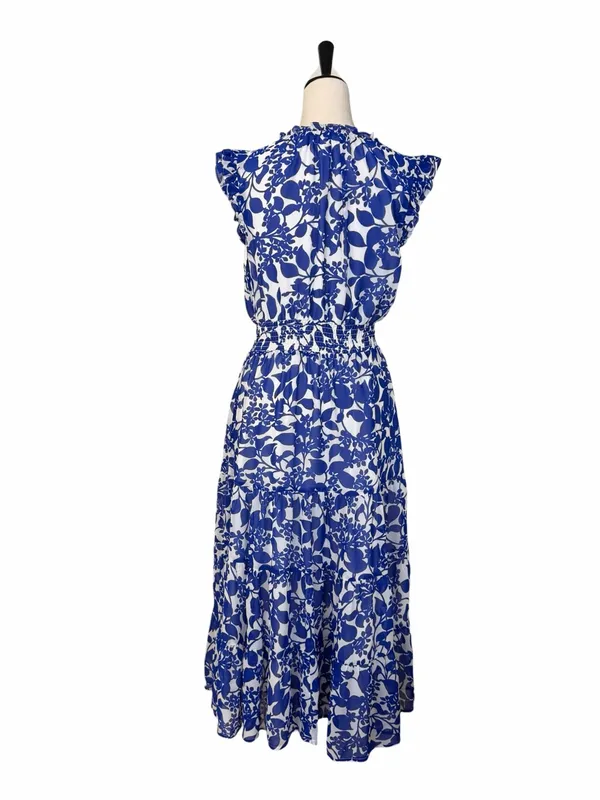 Sugar Lips Midi Dress Size M Floral Ruffle Smocked Tiered Blue White Tie Neck - Image 5