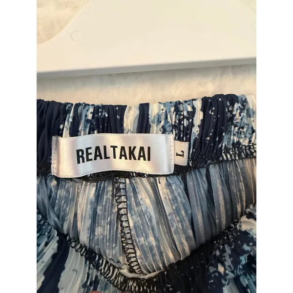 Realtakai Blue Abstract Wave Print‎ Pleated Wide Leg Pants Large - Image 4