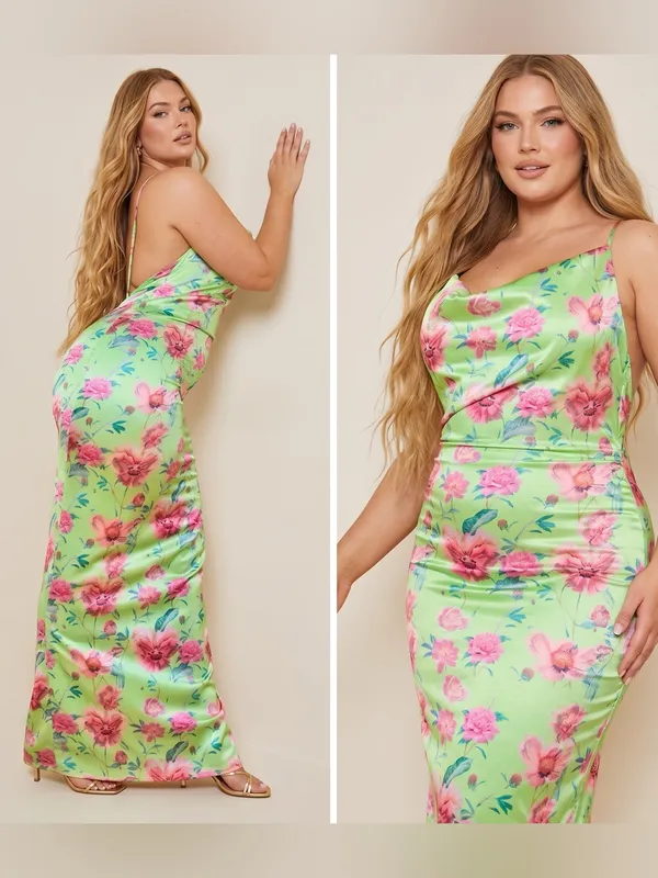 NWT PRETTYLITTLETHING Floral Satin Drape Neck Maxi Dress - Image 5