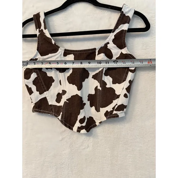Lone Star Cow Print Corset Top Womens Small Brown White Denim Smocked Crop Tank - Image 4