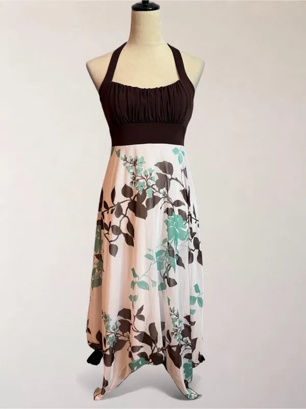Speechless Floral Halter Handkerchief Maxi Dress Brown Aqua Size L - Image 2