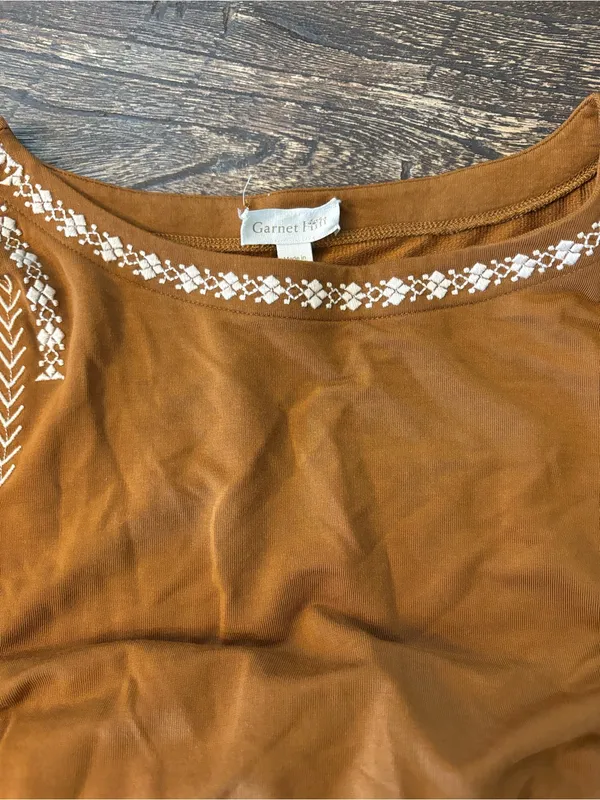 Garnet Hill Knit Dress Womens Small Brown Embroidered Elastic Waist - Image 7