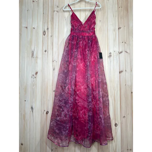 Lulus Romance That Wows Magenta Floral Print Organza Maxi Dress Holiday Large - Image 2